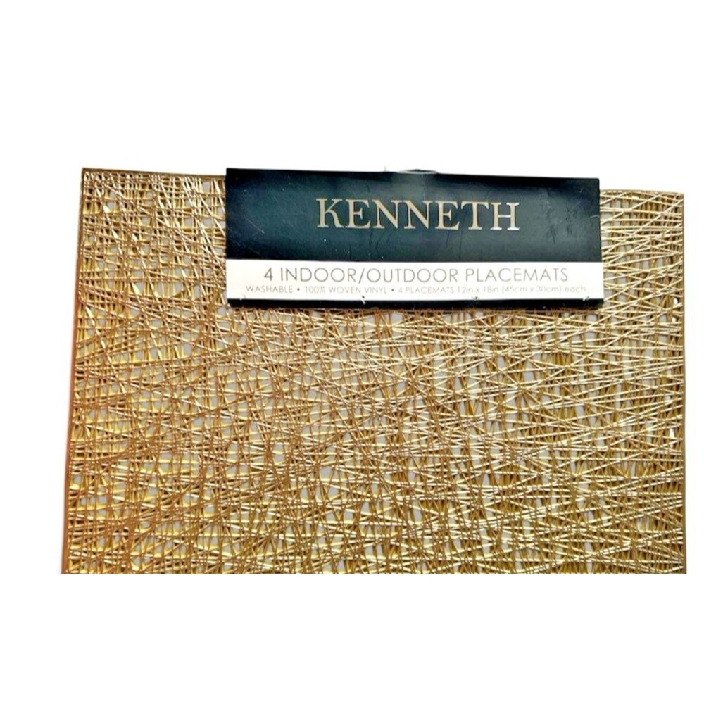 Kenneth Metallic Gold Open Weave Vinyl Placemats 12x18 Set of 4 Wipe Clean